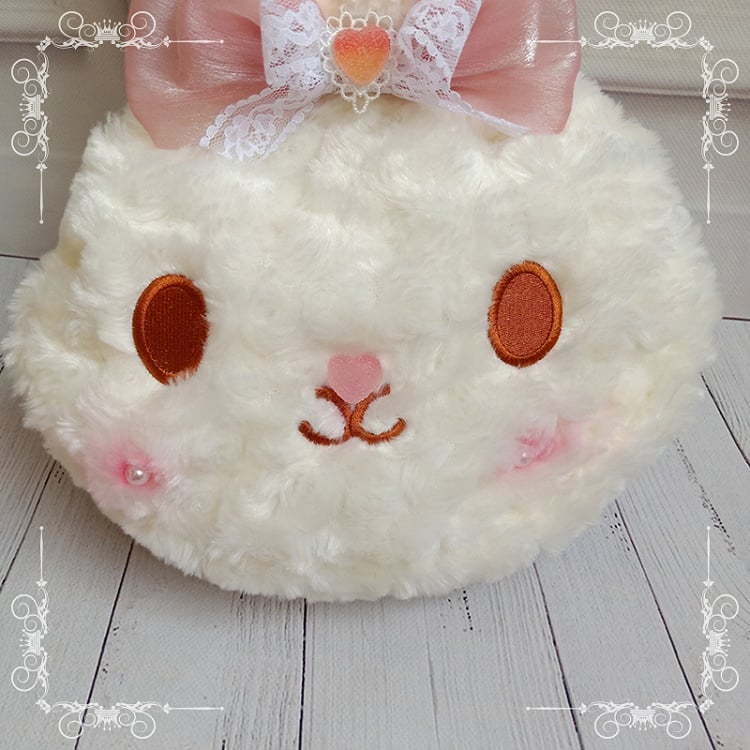 Bowknot Detail Milk White Plush Rabbit Head Crossbody