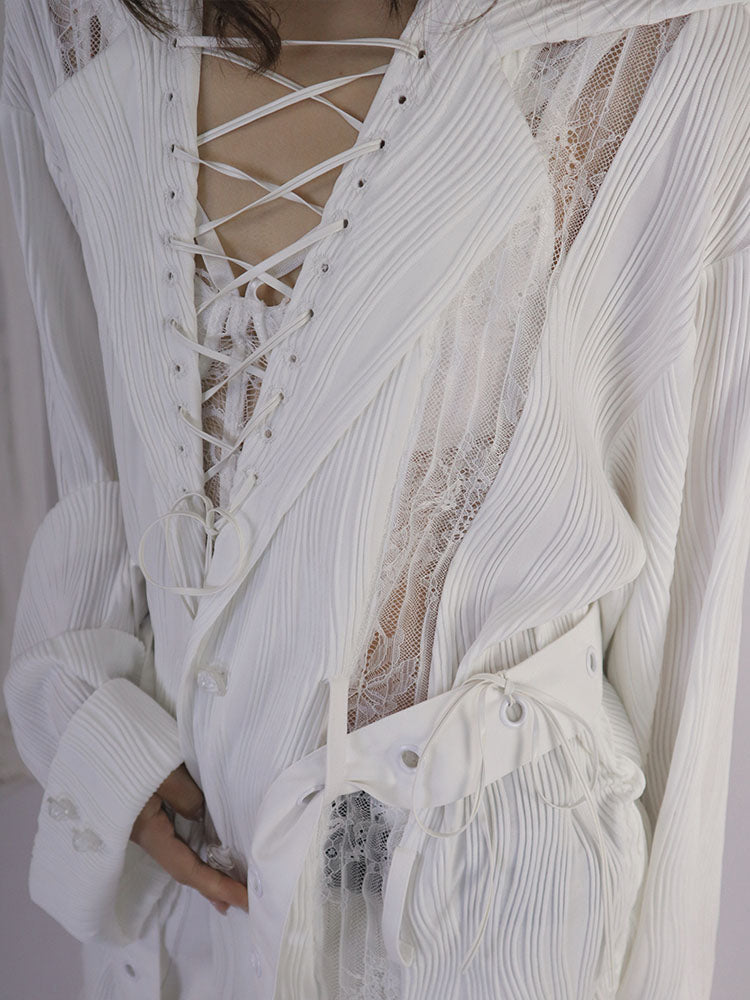 Lace-up Collar Wasteland Punk White Shirt with Waist Belt