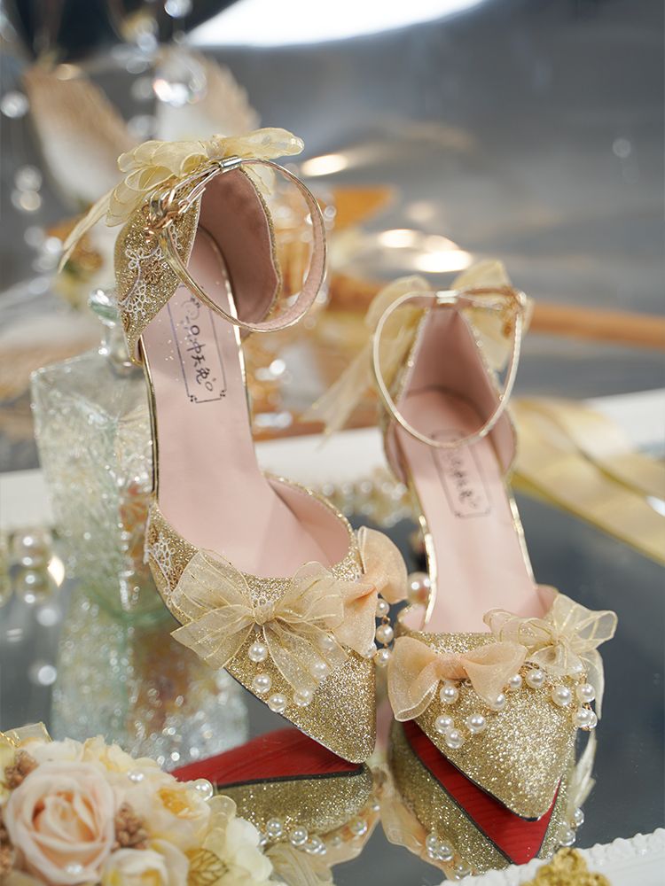 Clearance-Size 37 Song of Dawn Buckle Ankle Strap Gold 8CM Hime Lolita High Heels