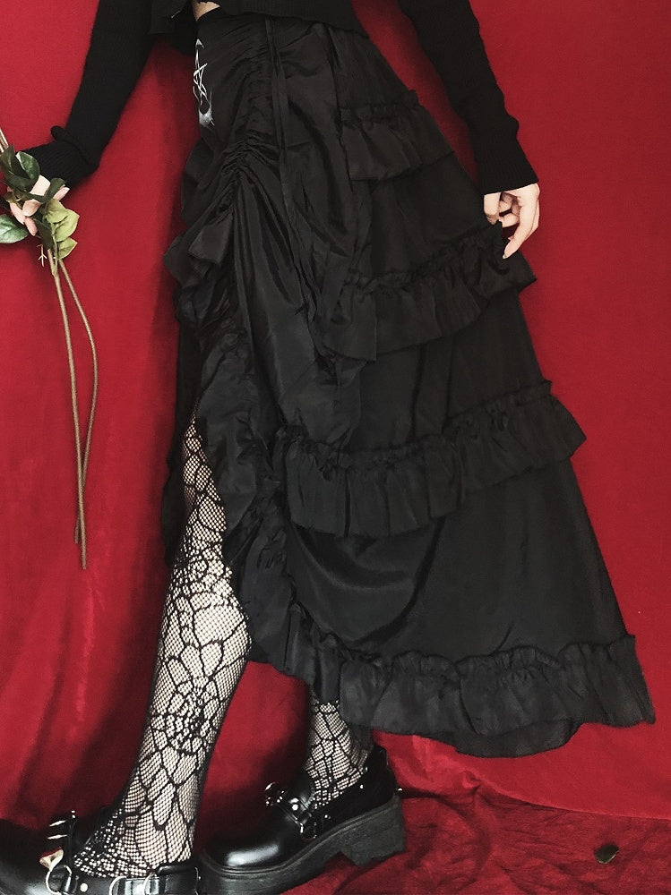 Drawstring Hem Punk Black Ruffles High-low Skirt
