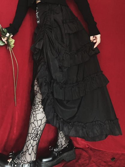 Drawstring Hem Punk Black Ruffles High-low Skirt