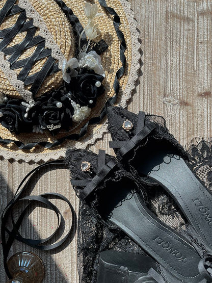 Clearance-Size 38 Lace-up at Ankle Hurry off Lace Design Black 5CM Hime Lolita High Heels