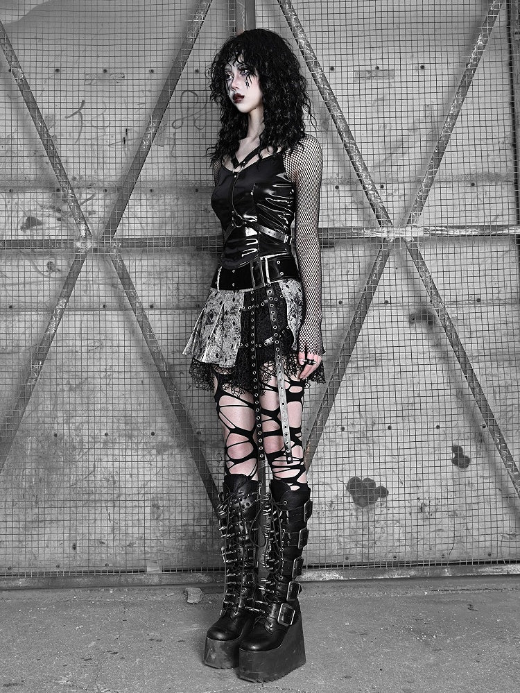 Fishnet Sleeves Black PU Top with Wings Design Straps Coachella Outfits