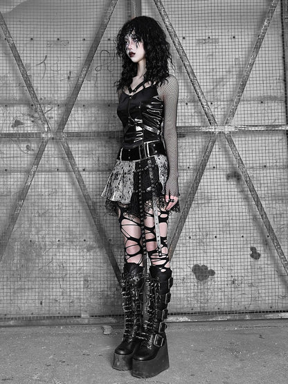 Fishnet Sleeves Black PU Top with Wings Design Straps Coachella Outfits