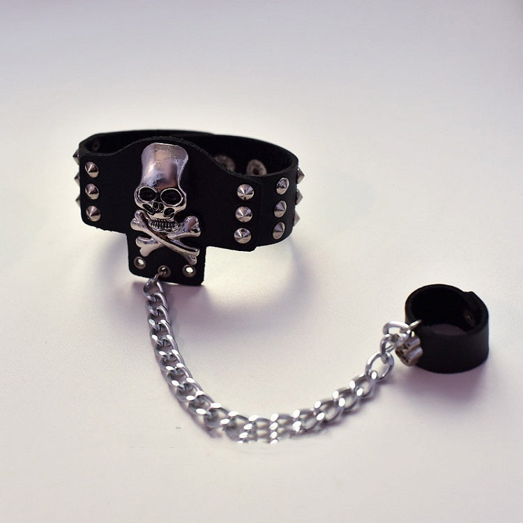 Skeleton and Studs Design Black/White Bracelet with Ring