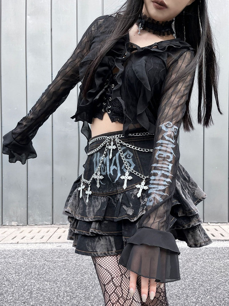 Black Semi-sheer Chiffon Ruffles Crop Top Music Festival Outfits