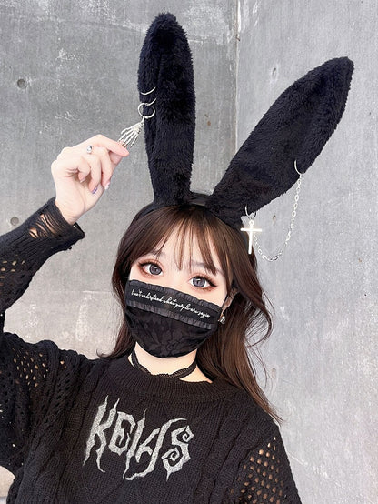 Punk Skeleton Hand and Chain Decorated Black Plush Rabbit Ears KC