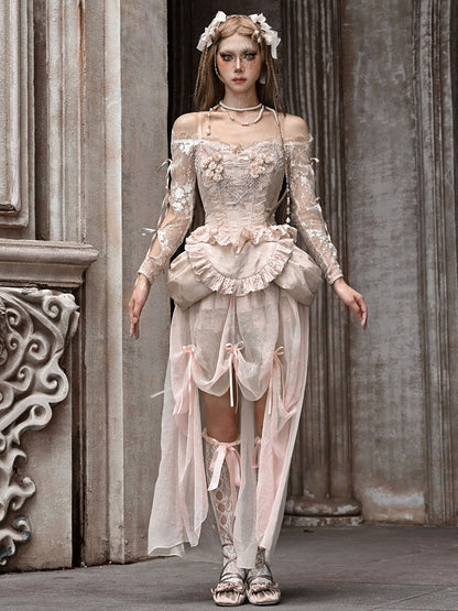 Champagne Crochet Floral Design Lace Crop Top Cutout Sleeves