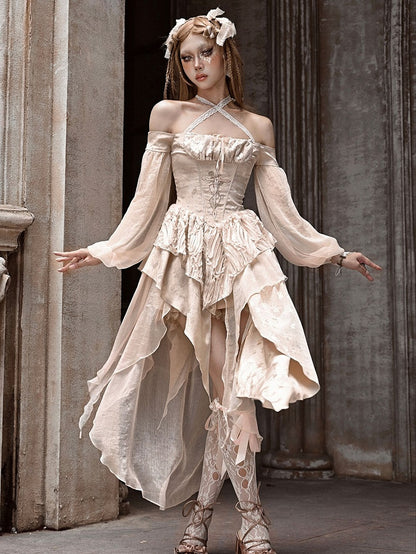 Cross Embroidery Champagne Handkerchief Hem Off Shoulder Dress