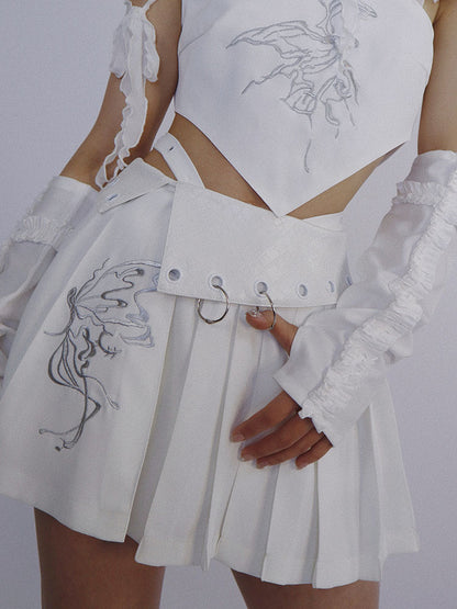 Butterfly Embroidery White Pleated Skirt