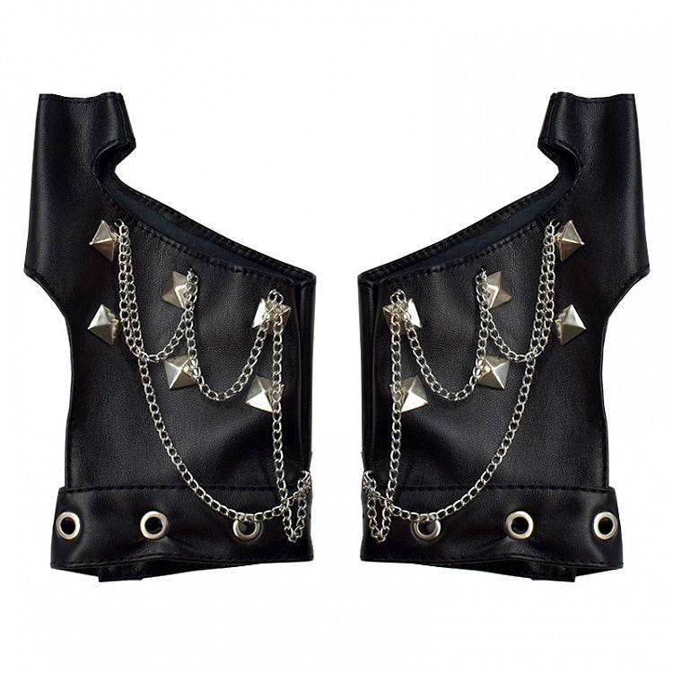 Studs and Chain Decorative Rock Black PU Gloves
