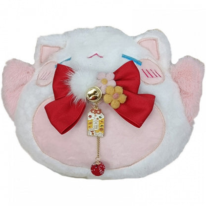 Red / Light Blue Bowknot Details Plush Lucky Cat Tote Bag