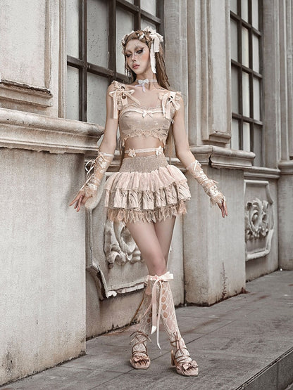 Champagne Tiered Ruffles Lace Ballet Mini Skirt with Undies