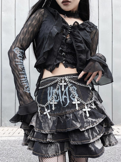 Black Semi-sheer Chiffon Ruffles Crop Top Music Festival Outfits