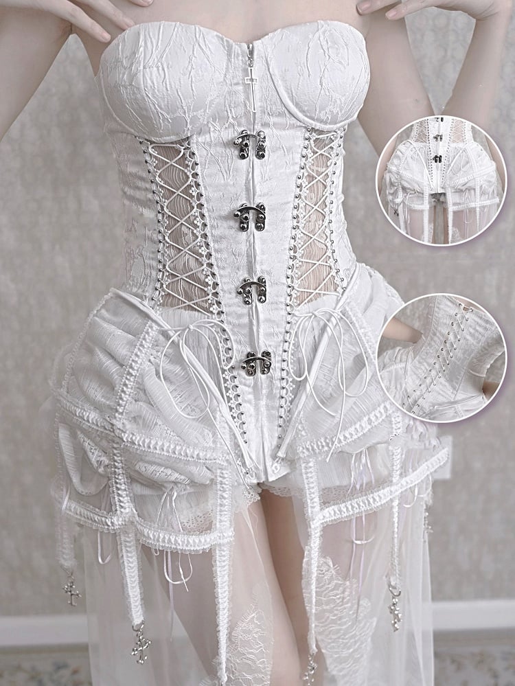 Birdcage Skirt and Bustier Corset Set White Goth Style