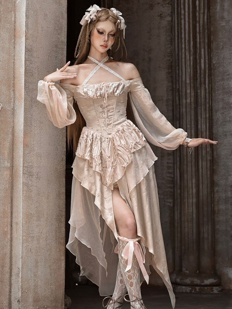 Cross Embroidery Champagne Handkerchief Hem Off Shoulder Dress