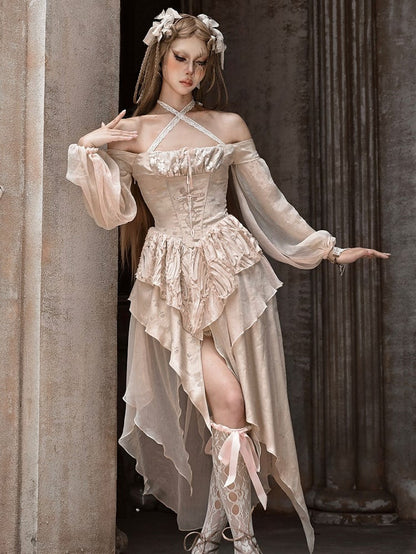 Cross Embroidery Champagne Handkerchief Hem Off Shoulder Dress