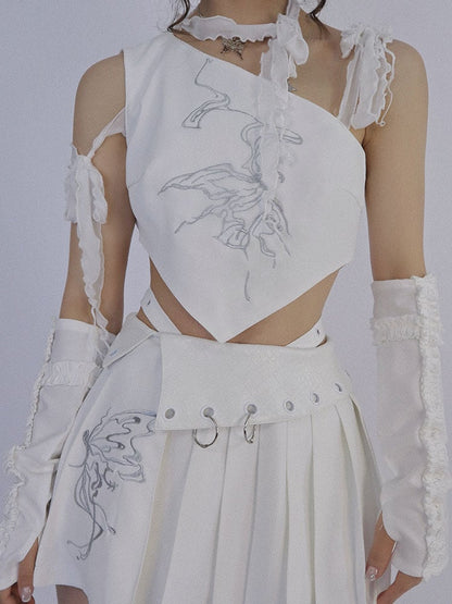 Butterfly Embroidery White Top Selt-tie Straps