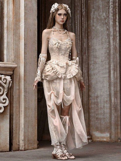 Champagne Boned Lace-up Floral Corset+Chiffon High-low Skirt Goth Set