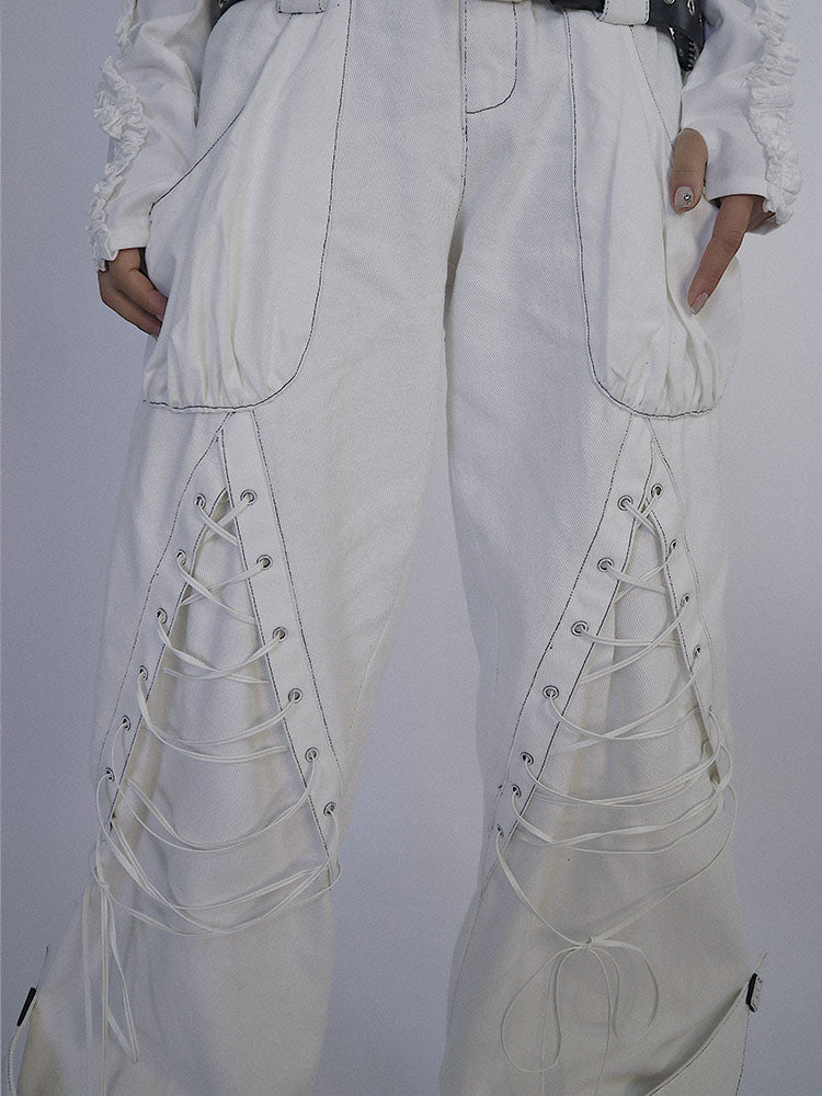 Lace-up Details White Denim Pants Double Waistband (Waistbelts Not Included)