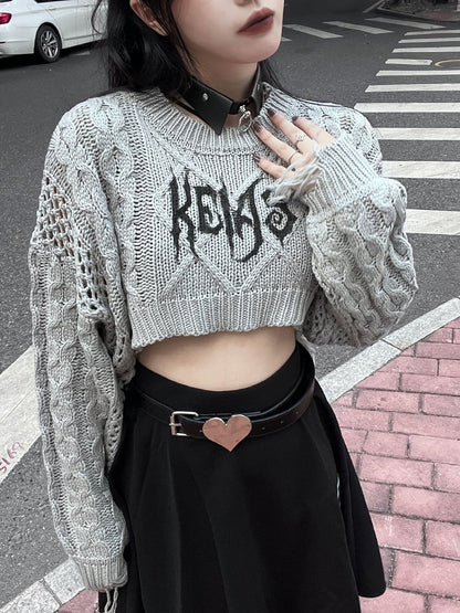 Clearance-Free Size for Bust 120CM Gray Punk Round Neck Distressed Cropped Sweater