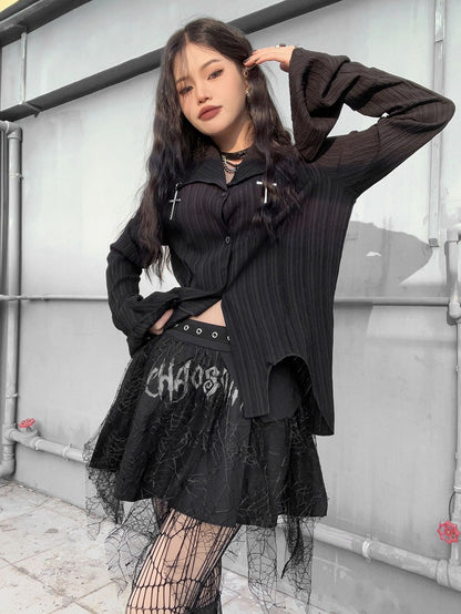 Cross Decorative Irregular Hem Punk Black Shirt