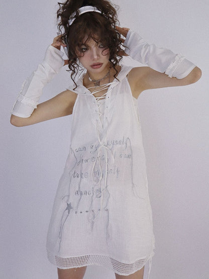 Dune Inspired White Hooded Long Vest Drawstring Hem