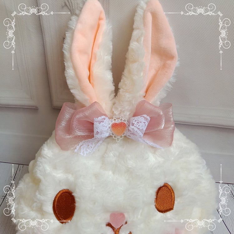 Bowknot Detail Milk White Plush Rabbit Head Crossbody