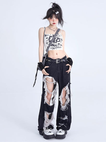 Distressed Holes Design Raw Fringes Black Jeans