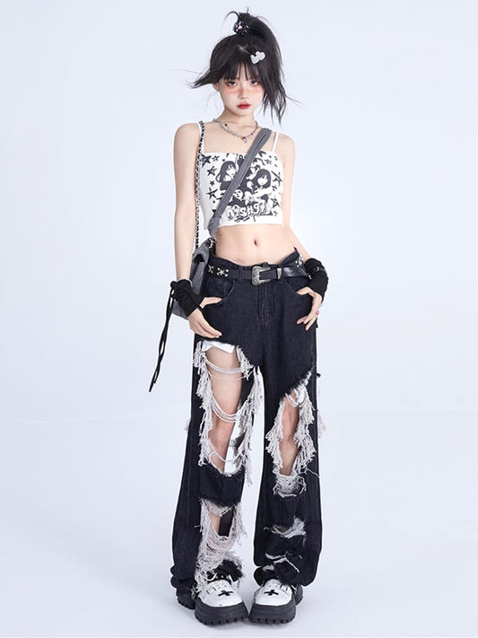 Distressed Holes Design Raw Fringes Black Jeans