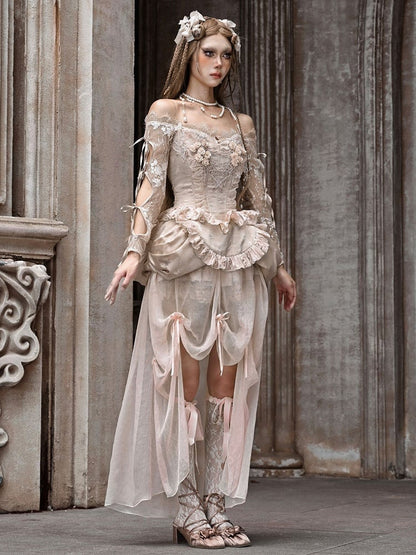 Champagne Crochet Floral Design Lace Crop Top Cutout Sleeves