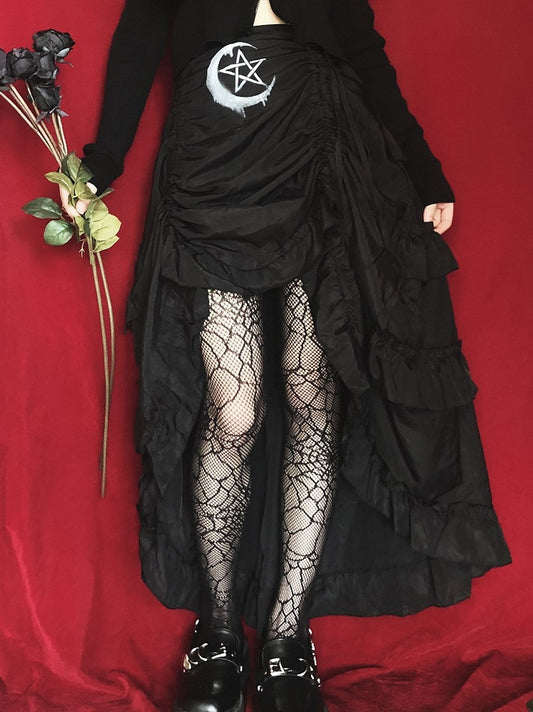 Drawstring Hem Punk Black Ruffles High-low Skirt