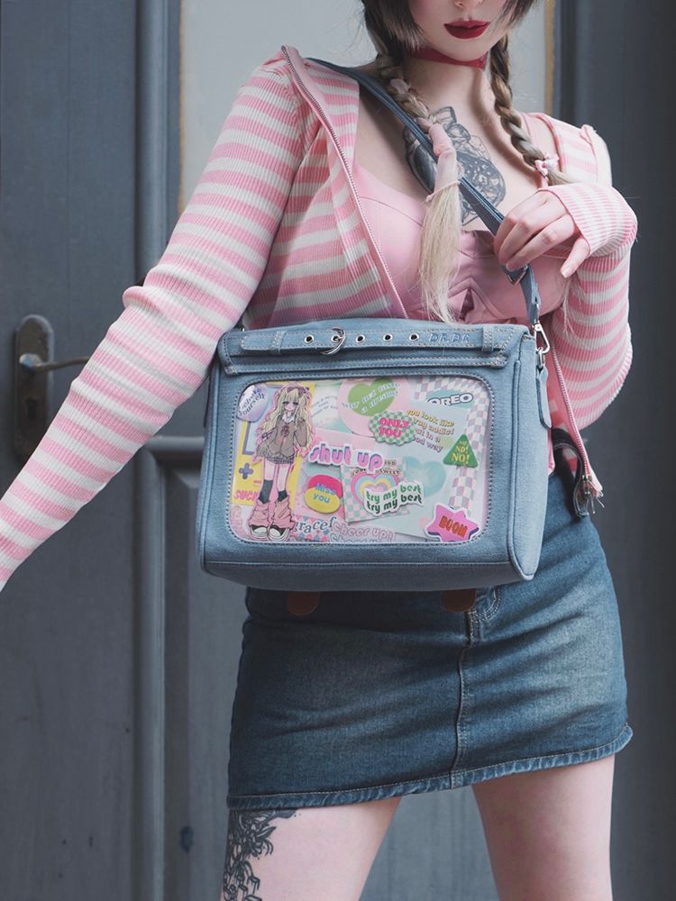 Buttons Decorated Light Blue Denim Ita Bag
