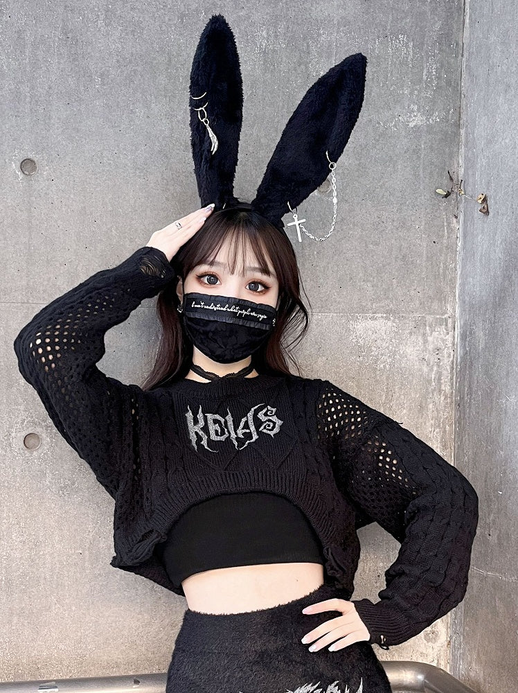 Punk Skeleton Hand and Chain Decorated Black Plush Rabbit Ears KC