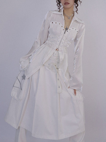 White Box Pleat Long Skirt Star Embroidery Pockets