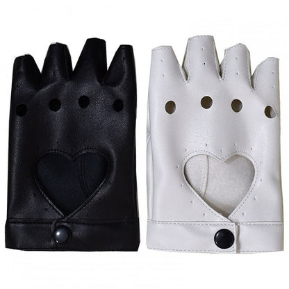 Heart-shaped Cutout Black/White PU Gloves
