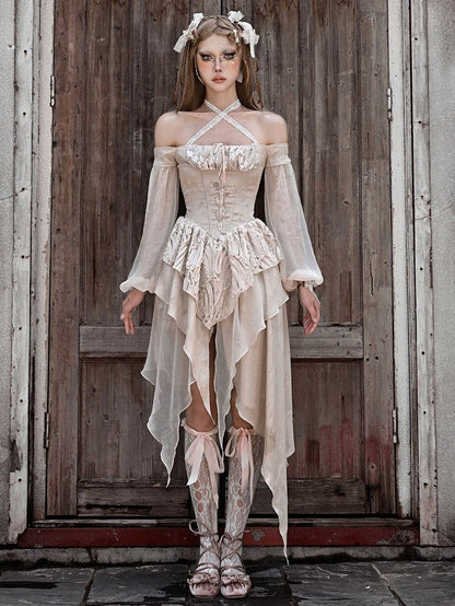 Cross Embroidery Champagne Handkerchief Hem Off Shoulder Dress