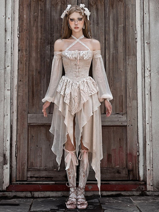 Cross Embroidery Champagne Handkerchief Hem Off Shoulder Dress