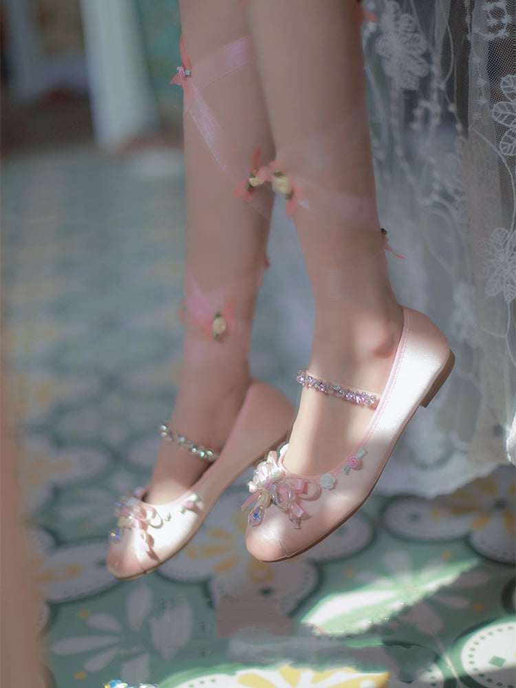 Clearance-Size 43 Roses Design Satin Pink Ballerina Flats with Butterflies Ribbons