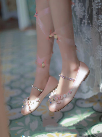 Clearance-Size 43 Roses Design Satin Pink Ballerina Flats with Butterflies Ribbons