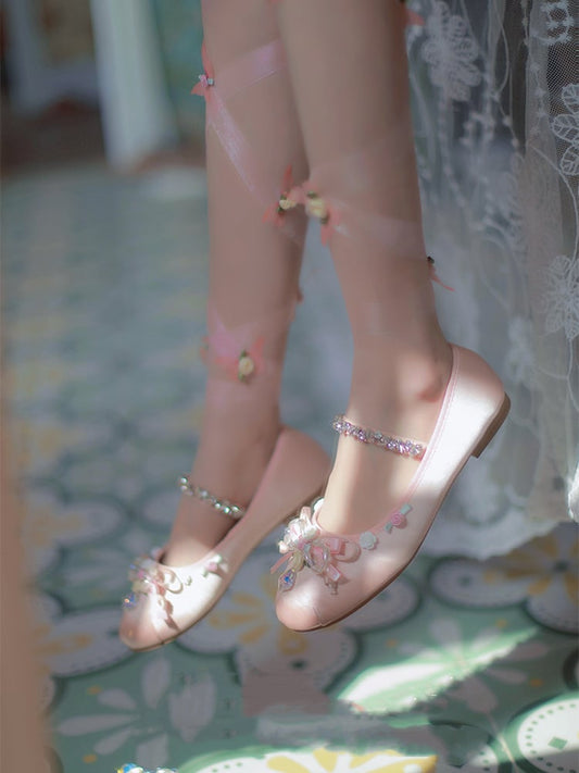 Clearance-Size 43 Roses Design Satin Pink Ballerina Flats with Butterflies Ribbons