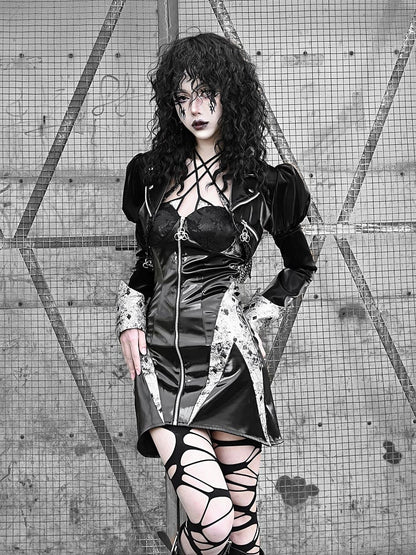 Black PU Halter Neck Zip Closure Dress + Chiffon Oversleeves Set Ashnikko Concert Outfits