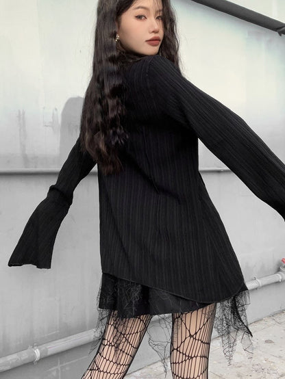 Cross Decorative Irregular Hem Punk Black Shirt