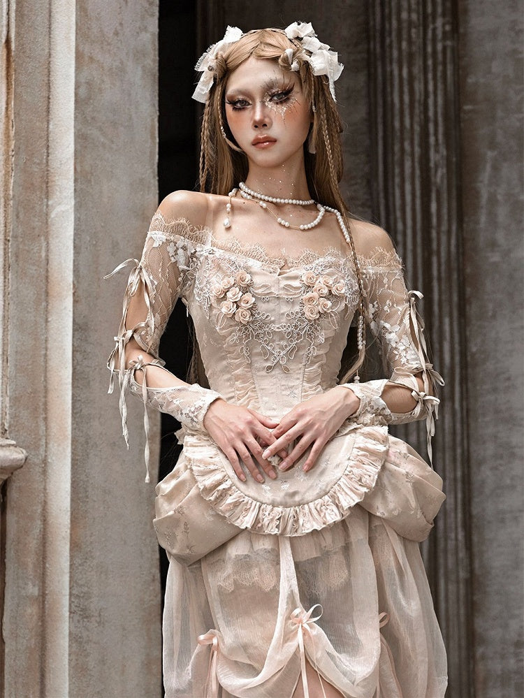 Champagne Crochet Floral Design Lace Crop Top Cutout Sleeves