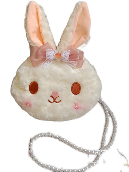 Bowknot Detail Milk White Plush Rabbit Head Crossbody