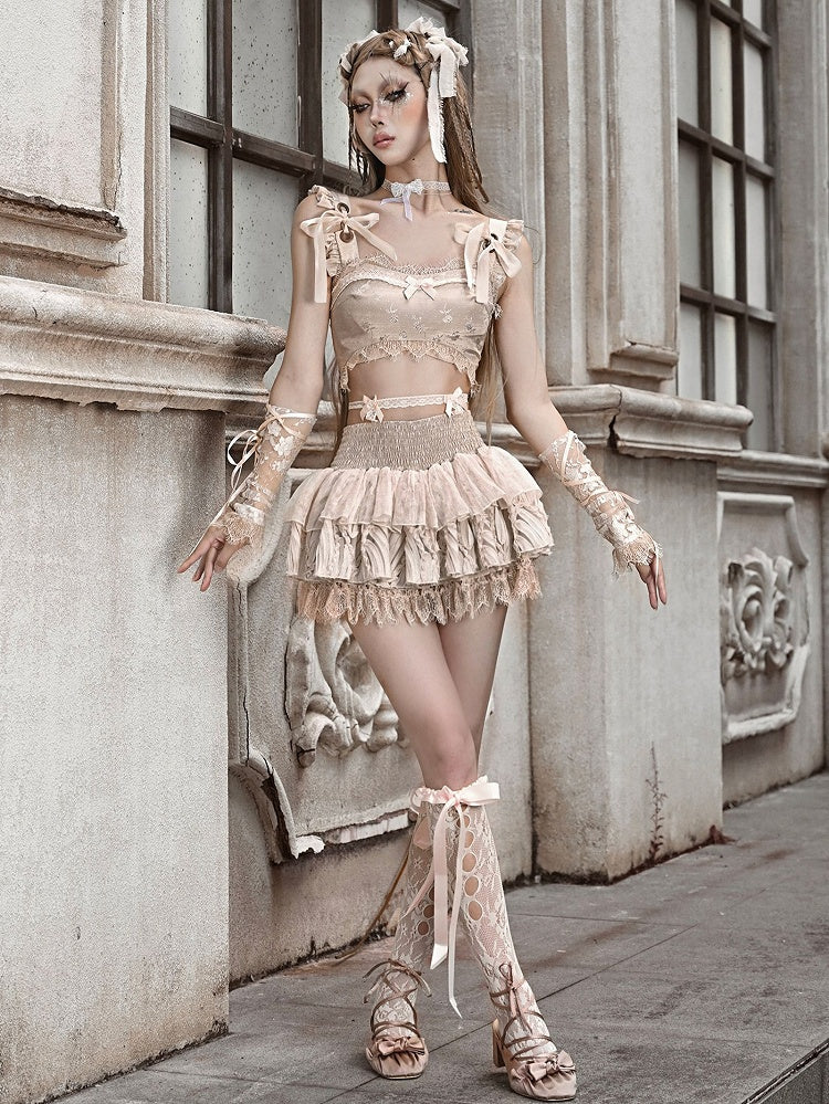 Champagne Lace Trim Bow Cropped Tank Top with Self-tie Straps