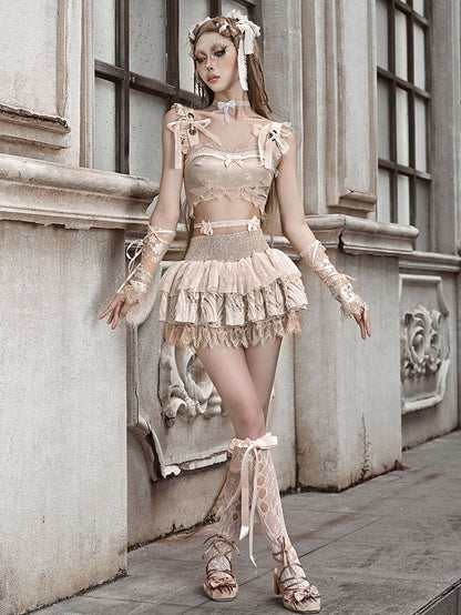 Champagne Lace Trim Bow Cropped Tank Top with Self-tie Straps