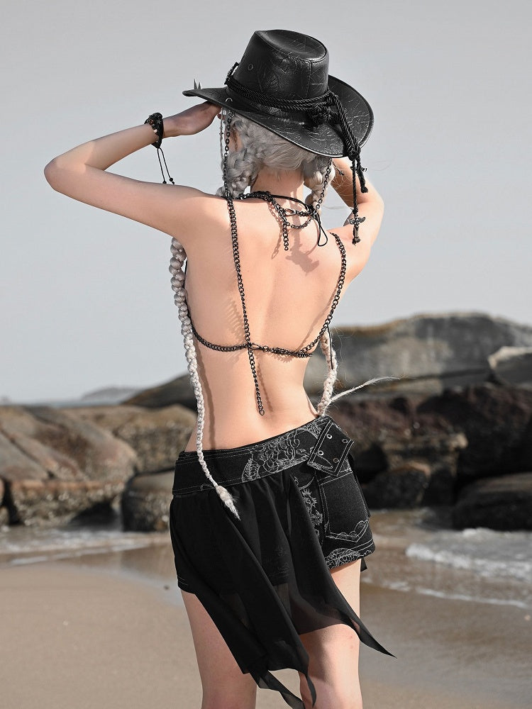 Dragon Pattern Black Denim Chain Bikini with Underwire Cups Coachella Outfits