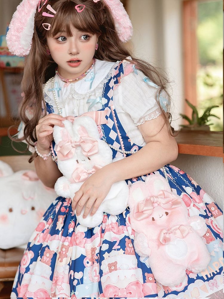 Bowknots Details Rabbit-shaped White /Pink Plush Crossbody