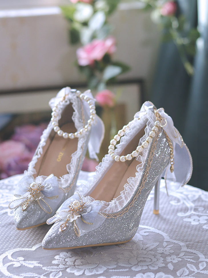 Beads Decorated Lace Trim Glittering Silver Grey 6CM/8CM High Heels
